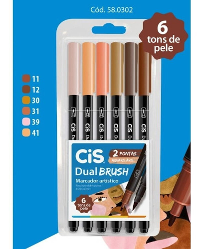 Caneta Brush Pen Cis Pincel Aquarelável Tons De Pele 6 Cores
