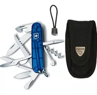 Victorinox Navaja Huntsman con funda y cordón color azul transparente