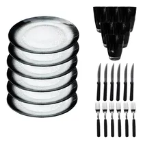 Comprar Juego De Vajilla Negro Platos Playos Vasos X6 Cubiertos X12