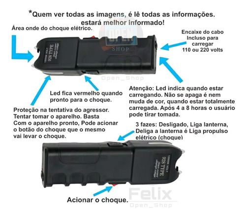 Máquina Lanterna De Choque Taser Original Defesa Bivlt Preto Branco Preto
