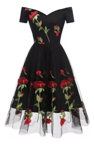 Vestido Hombros Descubiertos Con Bordado De Flores P/mujer