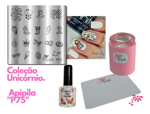 Imagem 2 de 9 de Kit Placas E Carimbos De Unhas Unicórnio P75