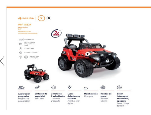 Montable Eléctrico Monster Car 24v Injusa Infantil Rojo