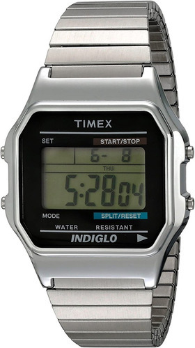 Relógio masculino Timex com luz indiglo 34 mm e 3 atm T785829j, cor da pulseira: prata, moldura, cor de fundo prateada, cor de fundo cinza