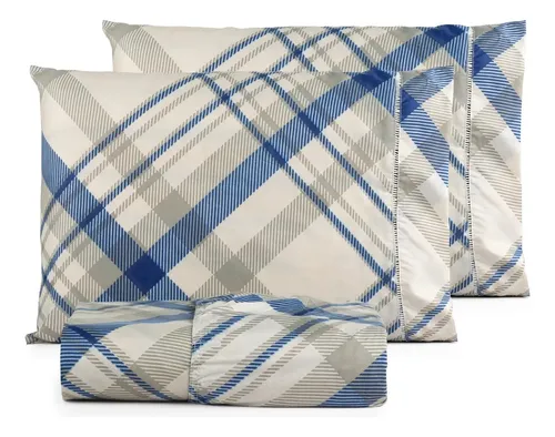 Jogo Lençol Casal 3pç 400 Fios Hipercal Conforto Macio Xadrez Azu...