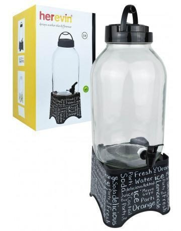 Dispensador Vidrio Herevin 5lts Canilla Stand Negro Letras