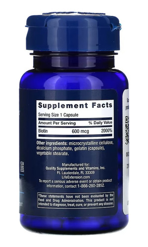 Life Extension, Biotina 600 Mcg, Cabello Y Uñas 100 Caps Sfn Sin sabor
