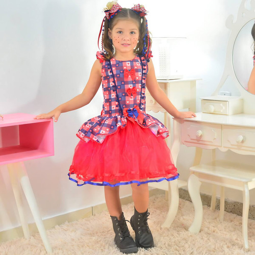 Vestido Festa Junina Xadrez Tule Vermelho Com Led + 2 Laço