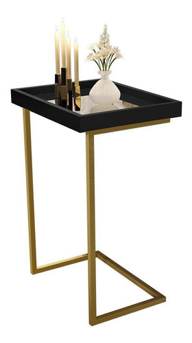 Mesa Lateral Apoio Sofá Com Espelho Jb 4774- Preto / Dourado Cor Preto/Dourado