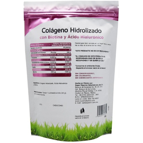 Colágeno Hidrolizado Puro, Biotina, Ácido Hialurónico 300 Gr