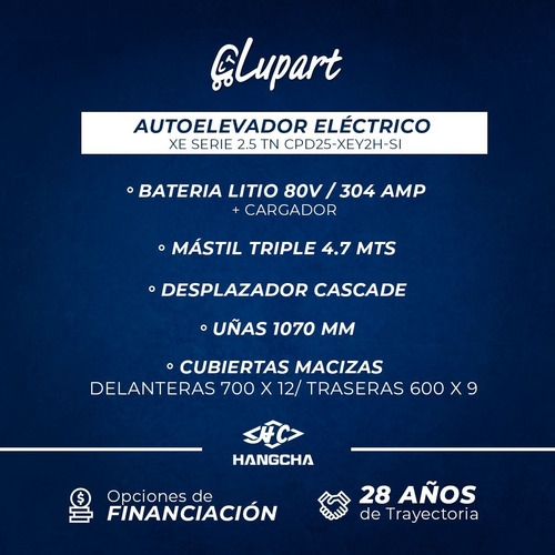 Autoelevador Eléctrico 0 Hs Hangcha 2.5 Tn Serie Xe Litio