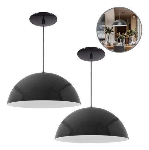 Kit 2 Luminária Pendente Meia Lua 40cm Int Branco 110/220v Estrutura Preto Liso Brilhante