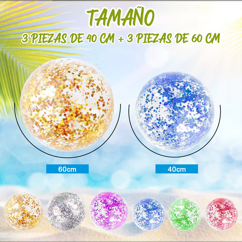 6 Pcs Pelota De Playa Inflable De Brillo Y Confeti 40 Y 60cm