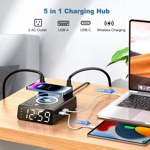 Reloj Despertador Con Cargador Inalámbrico Y Usb Despierta C
