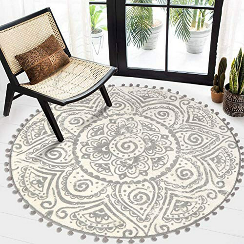 Haocoo Boho Tribal Round Rug 4ft,gray Cute Circle Rug Washab