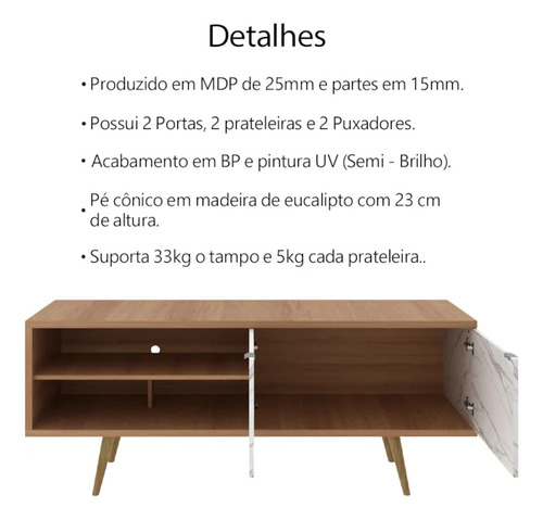 Rack Para Tv 55 Pol 160 Cm 2 Portas R1482 Amendoa Marmore Branco