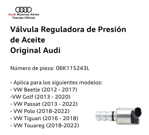 Imagen 3 de 8 de Valvula Reguladora De Presion De Aceite Volkswagen Tiguan
