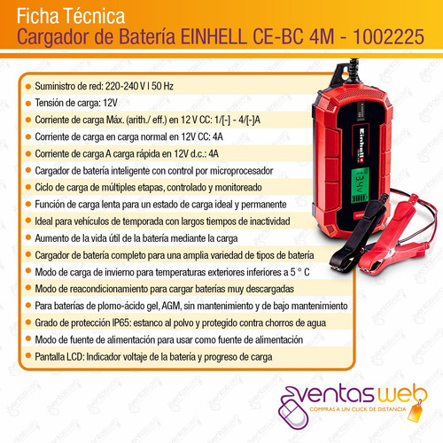 Imagen 7 de 9 de Cargador De Bateria 12v 4 Amp De Autos Motos Ce-bc Einhell