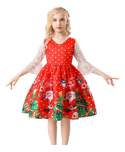 Vestido Q Para Niñas Pequeñas, Bonito Estampado De Papá Noel