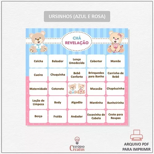 60 Cartelas Baby Bingo De Chá Revelação - Arquivo Pdf