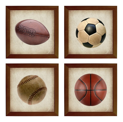 Kit Com 4 Quadros Decorativos - Esporte Bolas Vintage