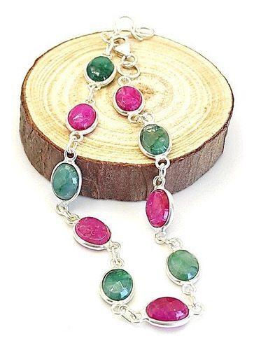 Pulsera Plata 925 Con Piedra Natural Verde Y Fucsia