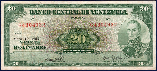 Billete De 20 Bolívares G7 Mayo 10 De 1966 Simón Bolívar