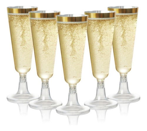 6 Copas De Plástico Reutilizables Para Champagne Filo Dorado