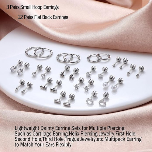 15pare Arete Mujer Pendientes Piercing Oreja Cartílago Acero