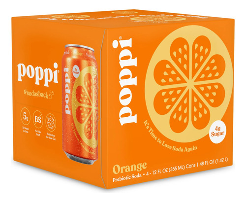 Poppi Refresco Prebiotico Sabor Naranja Paquete De 4, 12floz