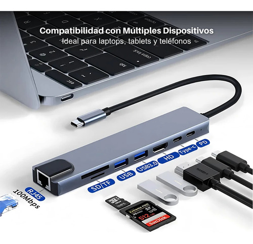 Adaptador Hub 8 En 1 Tipo C A Usb, Hdmi, Rj45, Pd, Tipo C