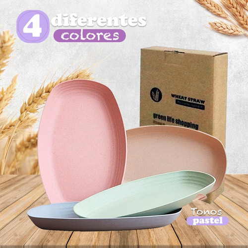 Imagen 4 de 10 de Set 4 Platos Rectangular Fibra De Trigo Ecologicos Mx-020