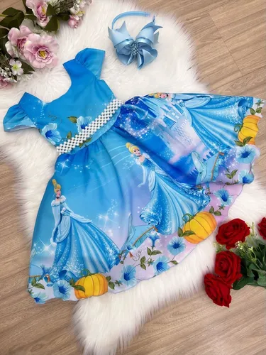 VESTIDO INFANTIL CINDERELA AZUL MANGAS LUXO FESTAS LUXO