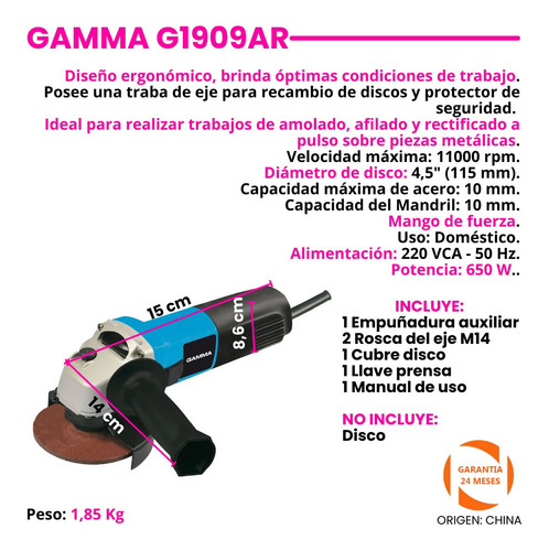 Amoladora Angular Gamma G1909 De 50hz 650w 220v + Accesorios