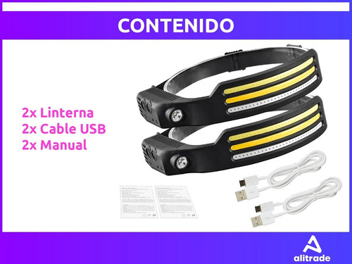 Imagen 8 de 10 de Set X 2 Linterna Minero Led Cob Recargable Usb Vincha Sensor