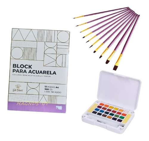 Kit De Acuarelas Profesionales X24 + Block A4 +10 Pinceles