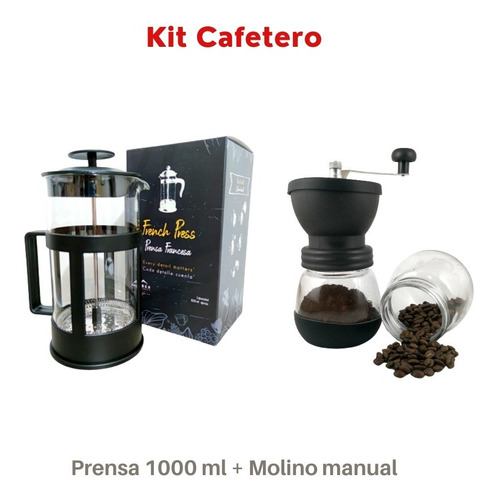 Kit Cafetero Prensa Francesa 1000ml + Molino Manual Vidrio