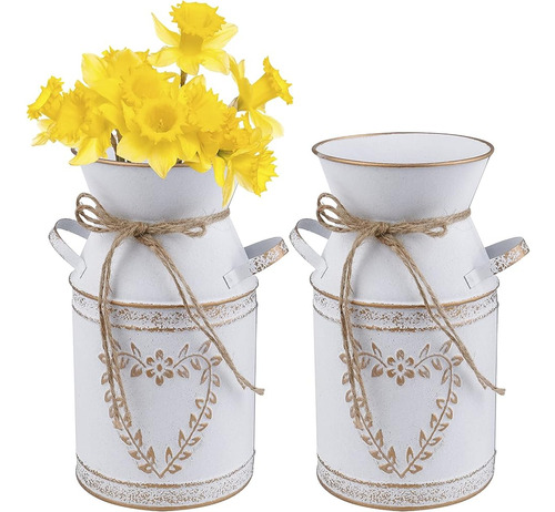 Hacaroa 2 Pack Metal Milk Can Rustic Galvanized Vase, 7.5 In