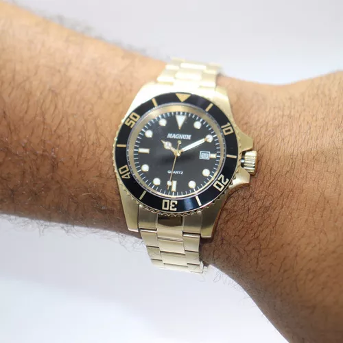 Relógio Masculino Magnum Dourado Aço Prova D´agua Original Cor Do Bisel  Preto Cor Do