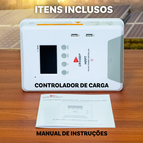 Kit Controlador De Carga Solar 30a Mppt Usb 5v 12v-400w 24v-800w Sistema Off Grid Com Detecção Automática Display Lcd Tripla Proteção Para Painéis Solares De 12v Ou 24v Acompanha Cabo Type-c Brinde