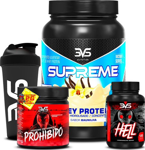 Whey Protein 3w+ Pré Treino Prohibido 360g+ Termogênico Hell Sabor Baunilha