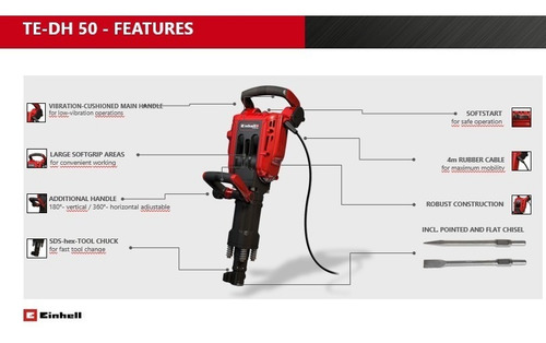 Imagen 10 de 10 de Martillo Demoledor 50 Joules 1700w Einhell Te-dh 50 2 Cincel