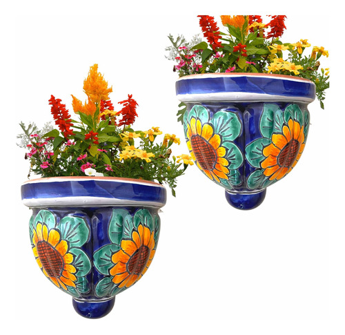 Maceta Talavera Pared Set De 2 * Girasoles Azul Divino *