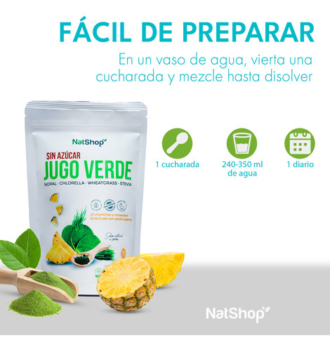 Jugo Verde en Polvo Sabor Piña Natshop Sin Azúcar ni Conservadores | Superalimento Natural con 21 Vitaminas y Minerales 200g