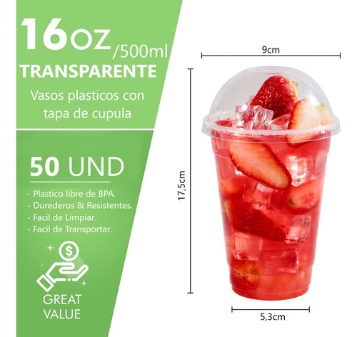 50 Vasos Desechable Plastico Con Tapa Domo Con Hoyo 500ml