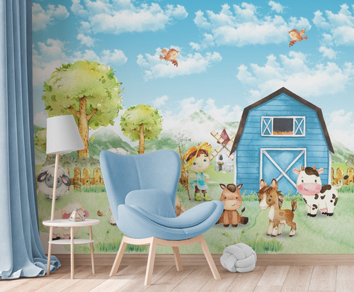 Papel De Parede Fazenda Infantil Animais Cavalos 5m² Vr695