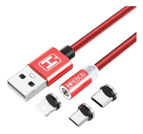 Cabo Magnético 3 Em 1 2 Metros Lightning Tipo C E Micro Usb Cor Vermelho