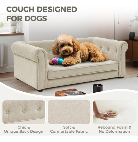 Sofá Cama Elevado Para Perros Grandes Tela Lavable En Seco Beige Talle