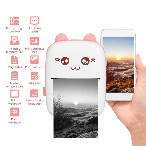 Mini Impresora Térmica Portátil Bluetooth Gatito + 1 Rollo Color Rosa