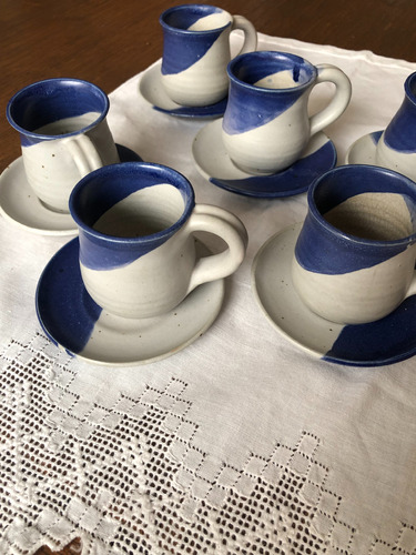 6 Tazas Para Café Con Plato - Artesania -edo Lara -azul-poco